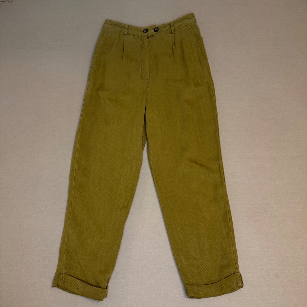 Topshop Olive Green Corduroy Pleated Tapered Trousers Cuffed Hem Womens US 6